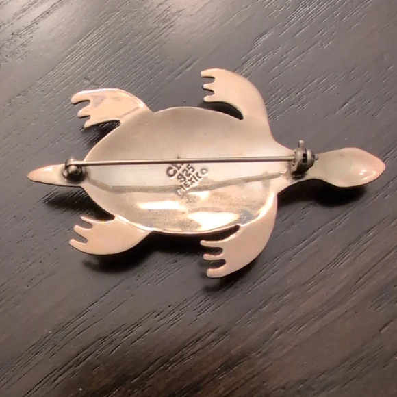 Cii 925 Mexico Sterling Silver Ocean Jasper Sea Turtle Brooch Pin Vintage - Picture 6 of 9